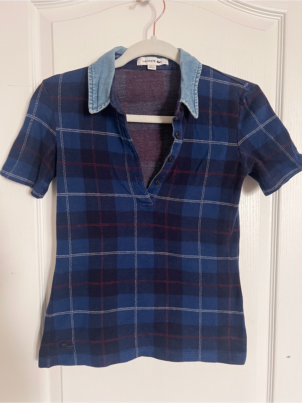 Lacoste preppy Navy Plaid Polo with Light Denim Collar